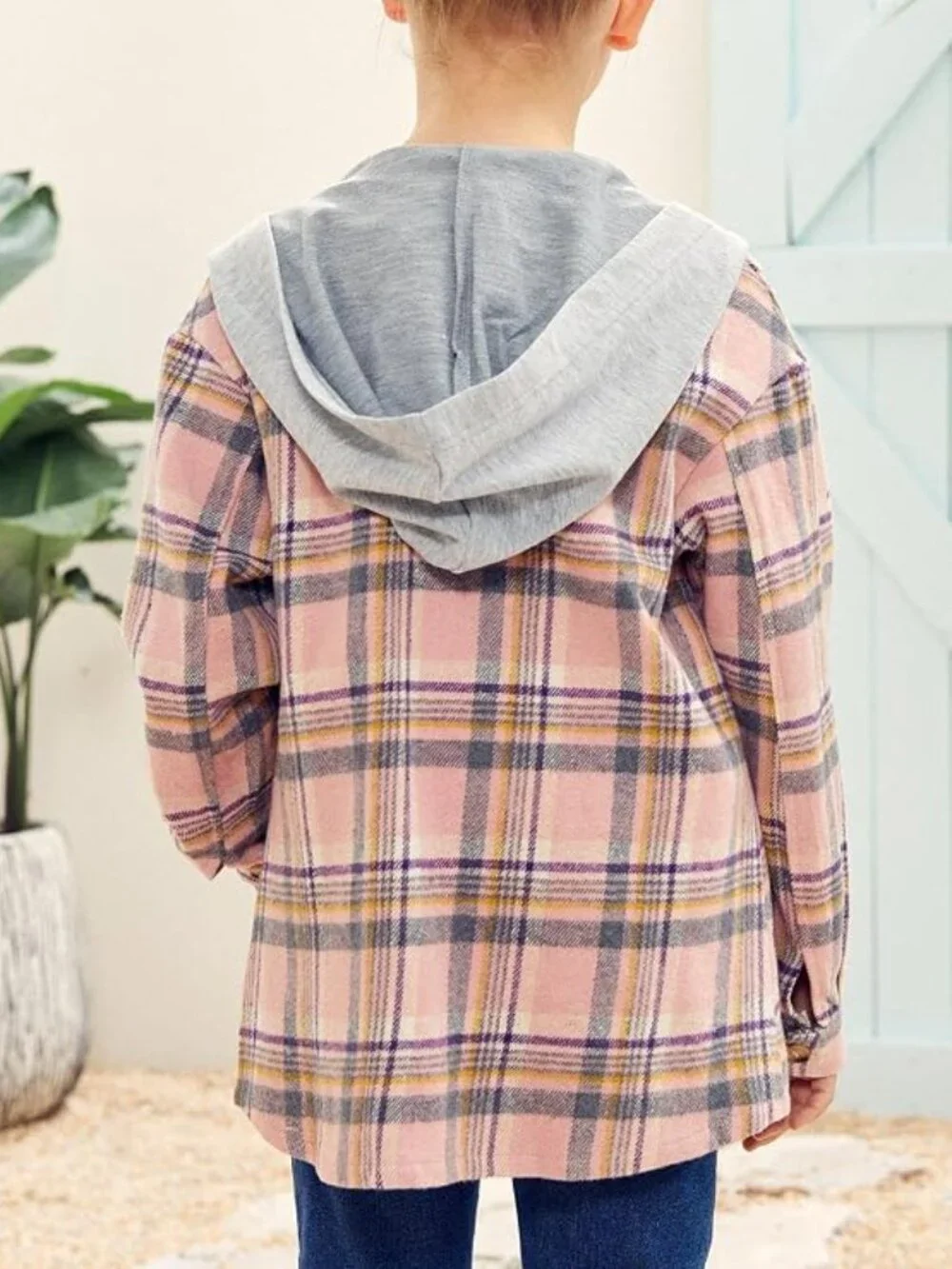 Pink Plaid Flannel Hooded Jacket Button Down Shirt Top